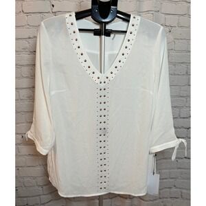 Ivanka Trump Lake Como Studded V-Neck Blouse White Tie Sleeve Womens L‎
